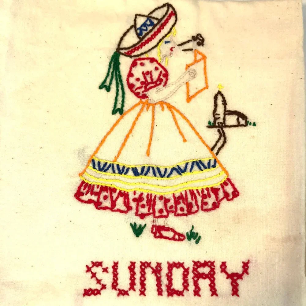 Set of 7 Vint 60s Collectible Embroidered Tea Towels Mexican Design Days Of Week